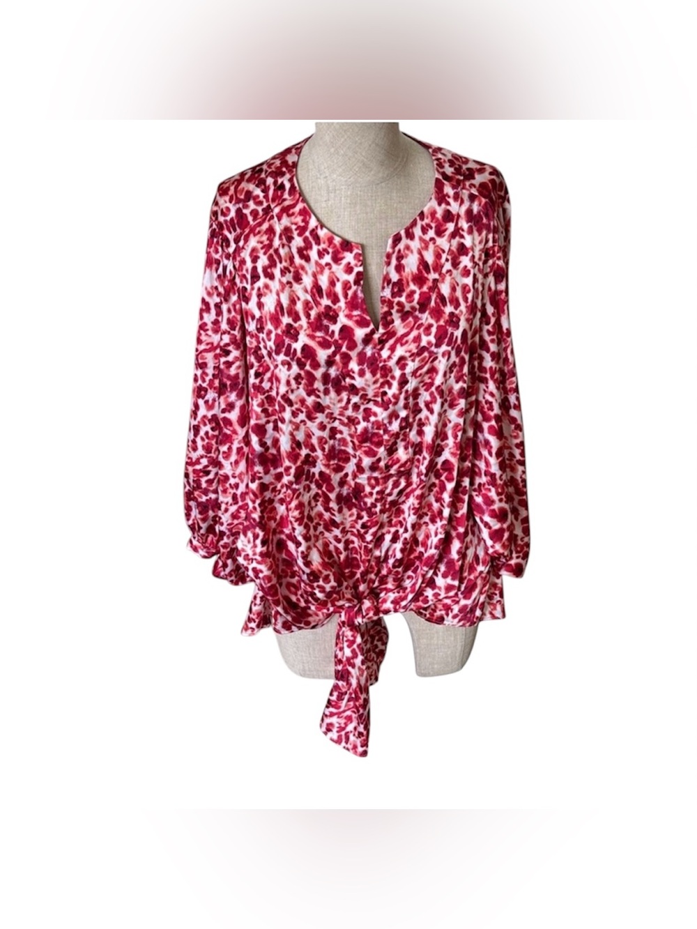 Chico’s Tie Front Satin Blouse in Red and White| Size: 3 (16)